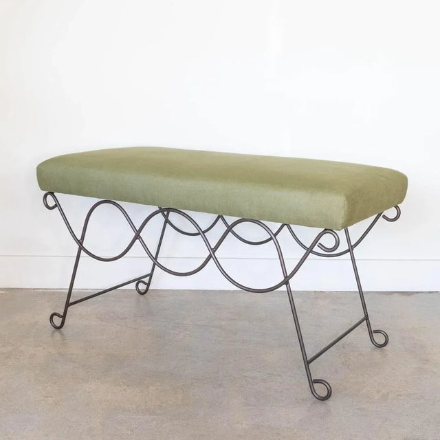 French Iron Double Loop Bench, Green Linen For Sale - Image 3 of 8