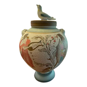 Vintage Reproduction of White Background Greek Vase Ampora and Lid With 3-D Dove on Top