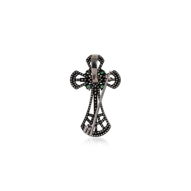 Metal Caratandher Victorian Filigree Cross Brooch Pendant With Emerald & Diamonds in Silver For Sale - Image 7 of 13