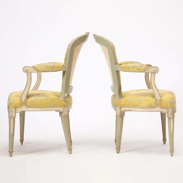 French 19th C. Louis XVI Style Silk Upholstered Painted Fauteuils - Set of 2 For Sale - Image 3 of 5