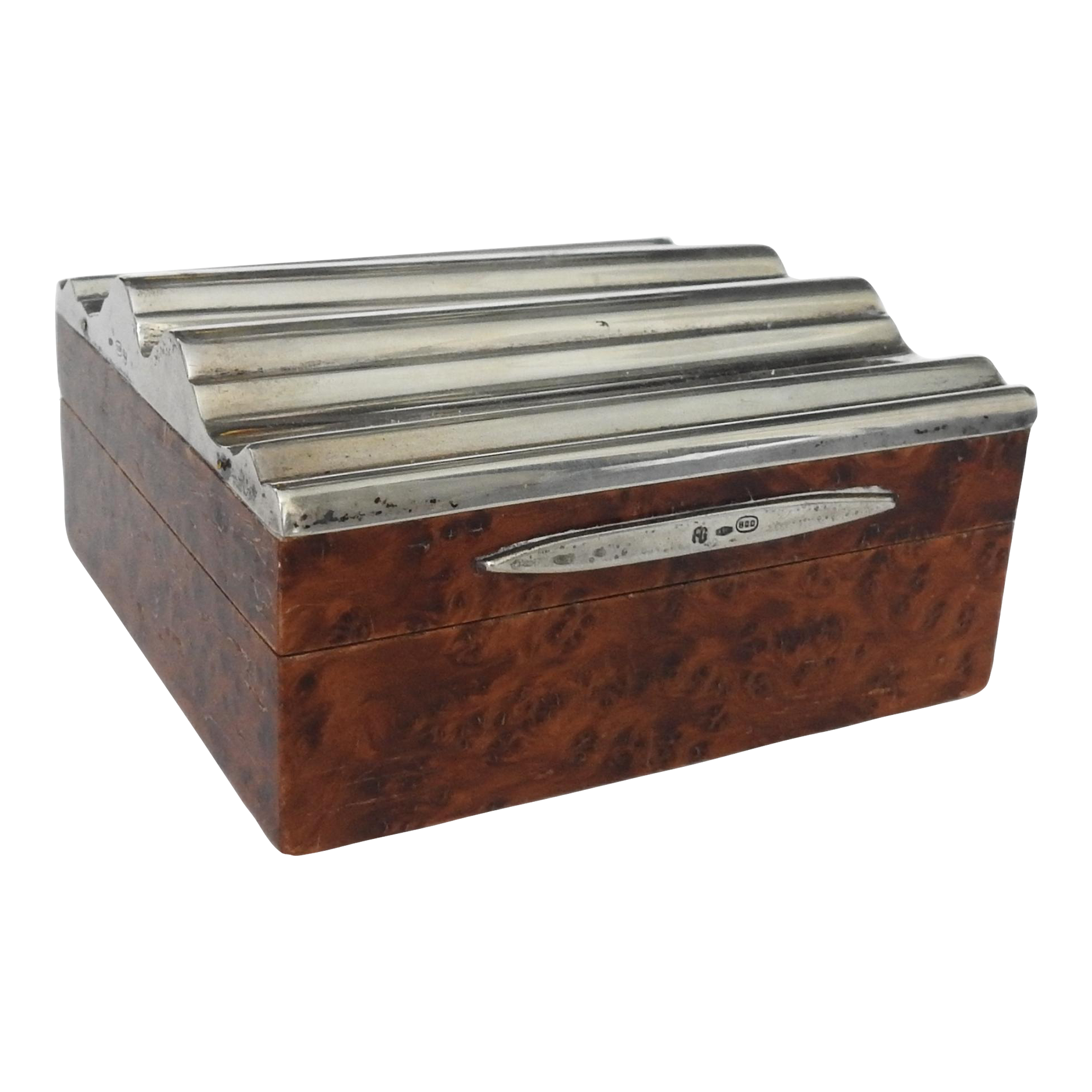 Antique Art Deco Italian 800 Silver & Burl Wood Cigarette Box With Wavy Lid 