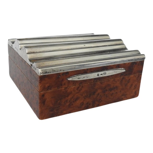 Antique Art Deco Italian 800 Silver & Burl Wood Cigarette Box With Wavy Lid For Sale