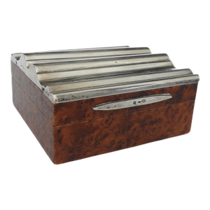 Antique Art Deco Italian 800 Silver & Burl Wood Cigarette Box With Wavy Lid