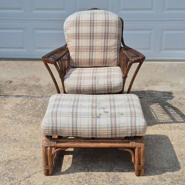 1970s Lane Venture Stick Wicker Rattan Arm Chair & Ottoman, Set of 2 Sturdy rattan arm chair and ottoman in fair condition...