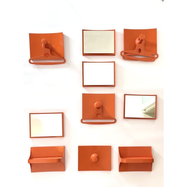 German Orange Plastic Wall Cabinet with 4 Mirrors, Coat Racks & Shelves, 1960s, Set of 14 For Sale - Image 6 of 11