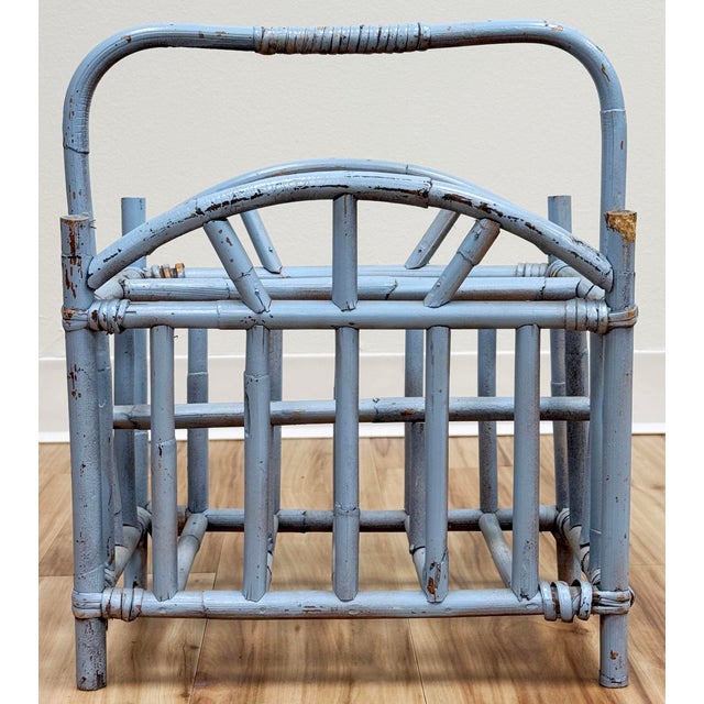 Chinoiserie Vintage Periwinkle Blue Rattan Magazine Rack For Sale - Image 3 of 12