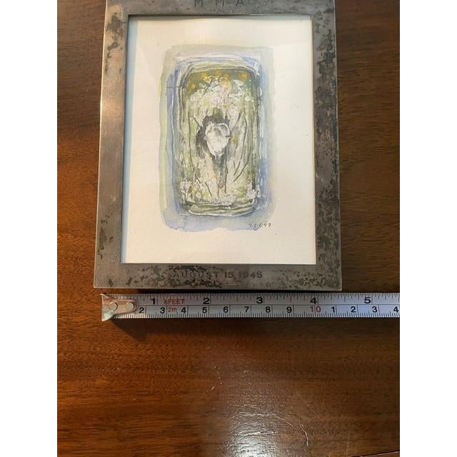 Mid-Century Modern Rare 1945 Met Museum v-J Day Commemorative Sterling Silver Frame by Black, Starr & Gorham With Original 1947 Signed Mixed-Media Painting For Sale - Image 3 of 11