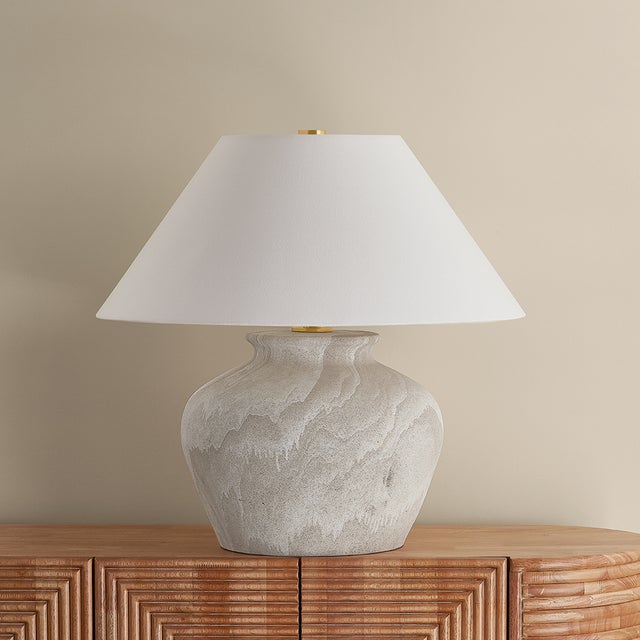 Hudson Valley Lighting Allards 24 in. 1 Light Table Lamp in Aged Brass and Ceramic Watercolor Sand Finish For Sale In New York - Image 6 of 11