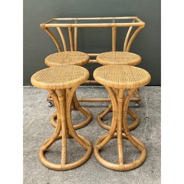 Wood Vintage Rattan High Top Table With Coordinating Stools - Set of 5 For Sale - Image 7 of 17