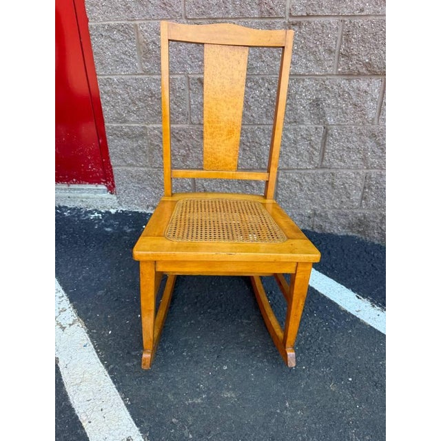 Vintage Rustic Country Colonial Oak Wood Cane Rocking Chair For Sale - Image 15 of 16
