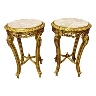French Style Side Table Set of 2 – Beige Marble Topped With Gold Leaf Details For Sale