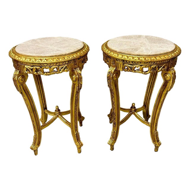 French Style Side Table Set of 2 – Beige Marble Topped With Gold Leaf Details For Sale