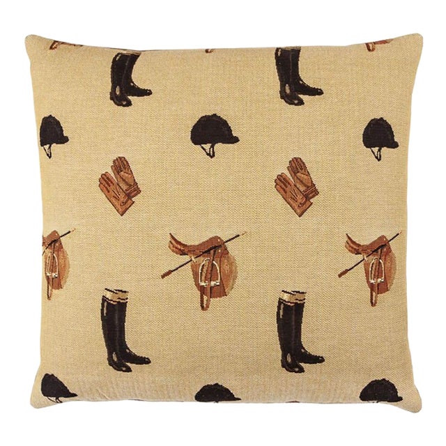 Equestrian Beige Tapestry Cushion With Feather Filler - 46x46cm (18"x18") For Sale