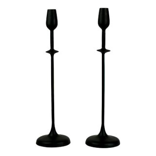 Pair of Tall Vintage 1960s Wrought Iron Candlestick Holders in Matte Black For Sale