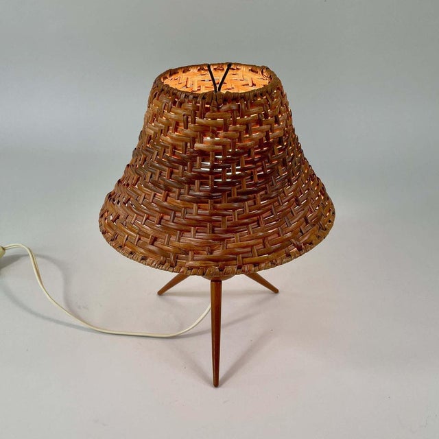 Rattan Wicker and Birch Tripod Table Lamp, Austria, 1950s For Sale - Image 4 of 17