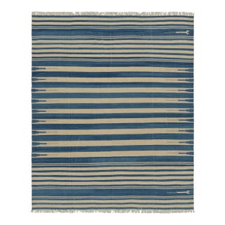 Rug & Kilim's Contemporary Dhurrie Rug in Blue and Beige Stripes - 14x20 For Sale