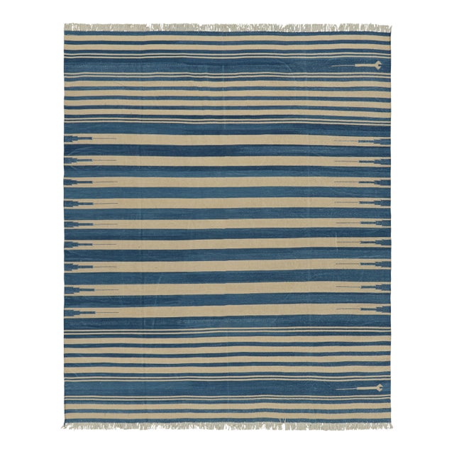 Rug & Kilim's Contemporary Dhurrie Rug in Blue and Beige Stripes - 14x20 For Sale