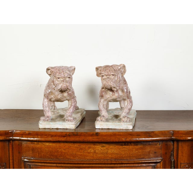 French Pair of 19th Century French Faience Bulldog Sculptures on Terracotta Bases For Sale - Image 3 of 10