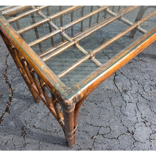 Late 20th Century 1970s Burnt Bamboo Console Table With Glass Top and Open Lattice Shelf For Sale - Image 5 of 5