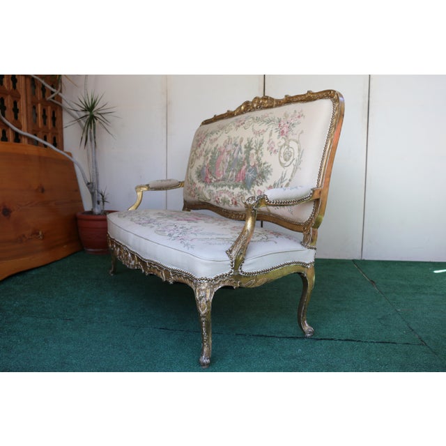 Wood Antique Set of French Tapestry Gild Carved Gold Wood Arm Chairs Chairs & Sofa For Sale - Image 7 of 18
