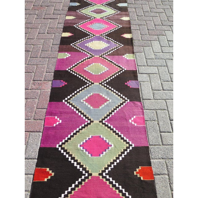 Mid-Century Modern Mid 20th Century Magenta & Brown Vintage 60's Turkish Handwoven Boho Runner Rug For Sale - Image 3 of 11