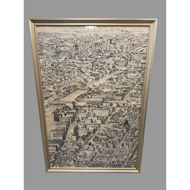Printmaking Materials Vintage Framed Bird’s Eye View City Lithograph Print Panoramic Map Architectural For Sale - Image 7 of 8