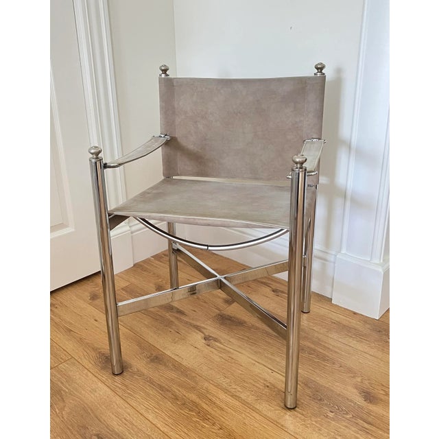 Vintage Campaign Maison Jansen Style, Pace Director Arm Chair, Suede Leather Chrome and Brass For Sale In Miami - Image 6 of 11