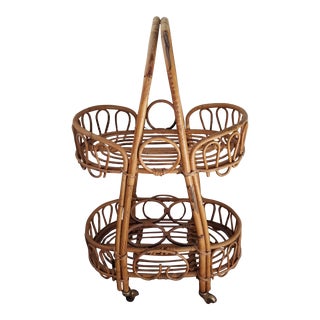1960s Vintage Boho Bamboo Wicker Rolling Bar Cocktail Cart on Wheels For Sale