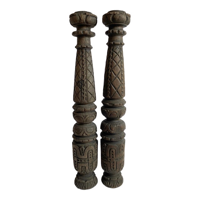 Pair of Carved Wood Columns For Sale