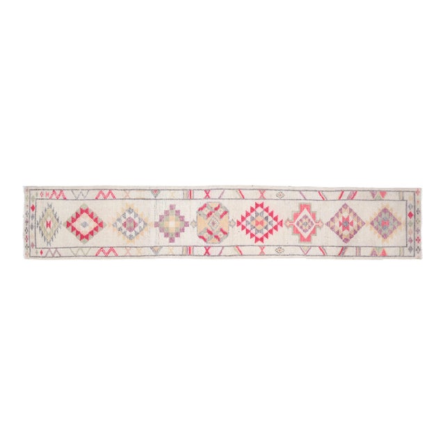 Vintage Turkish Oushak White Runner with Colorful Motifs For Sale
