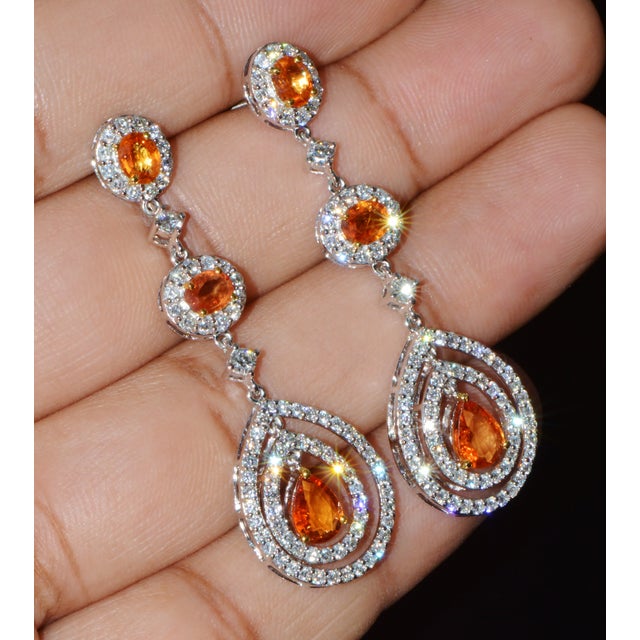 Certified Natural 4.95Cts vs F Diamond Sapphire 18k Solid Gold Chandelier Earrings, A Pair For Sale - Image 9 of 13