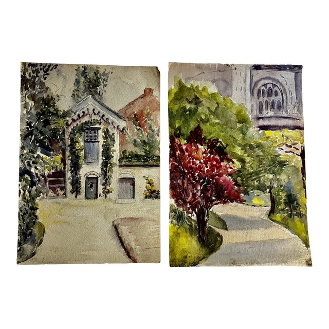 Mid 20th Century Expressionist Nature Landscape Watercolor Paintings - Set of 2 For Sale