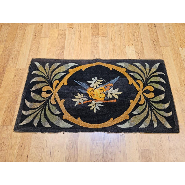Early 20th Century Vintage American Hand Hooked Rug, Bird on a Tree Branch Design, Folk Art Tapestry, 3x5 For Sale - Image 5 of 15