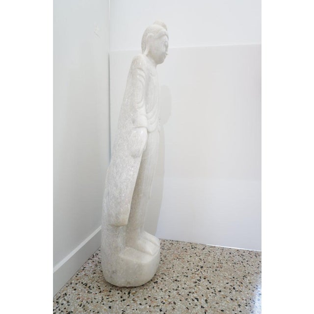 Standing Buddha Mandalay Style in Hand Carved White Marble For Sale - Image 4 of 10