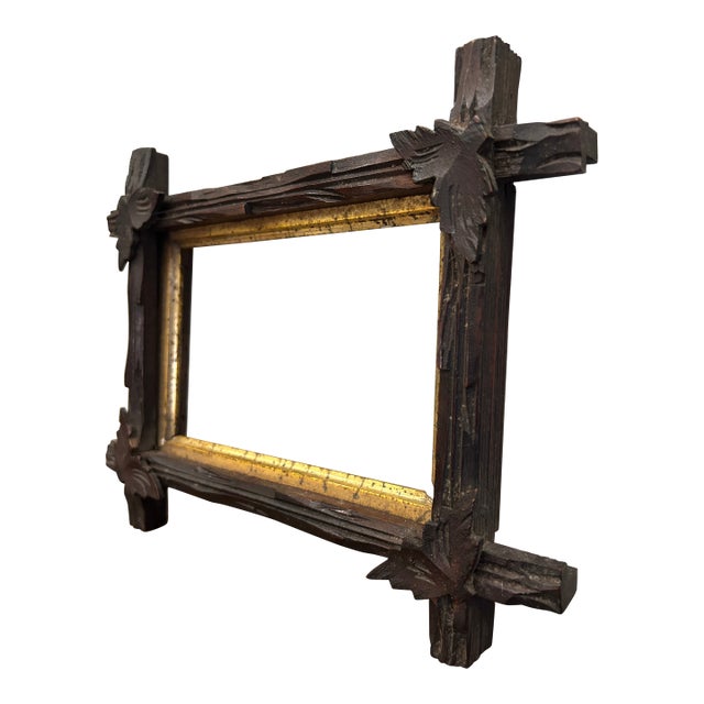Simply Beautiful Hand Carved Antique Black Forest Wooden Frame With Gilded Liner For Sale