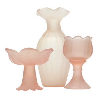 Frosted Soft Pink Glass Floral Motif Vessel Curation - Group of 3 For Sale