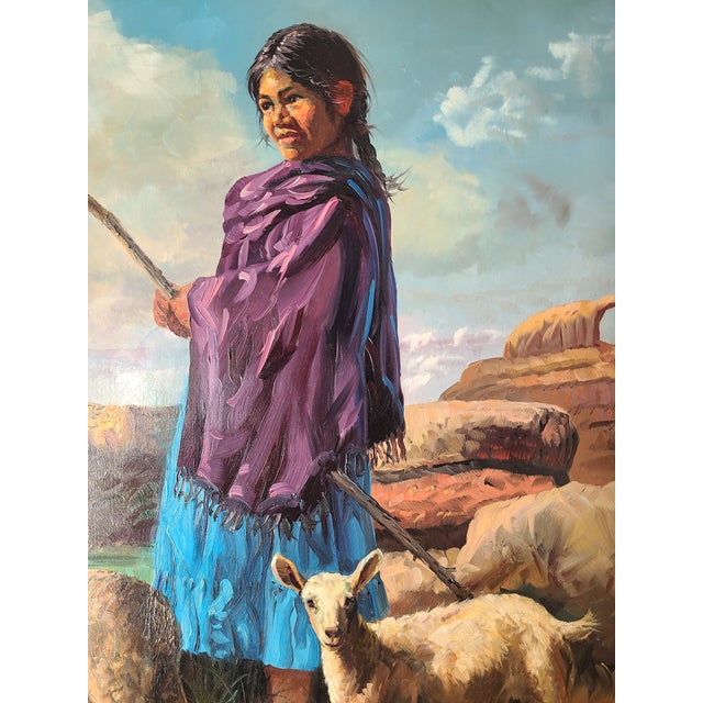 Native American 1970s Filastro Mottola Pastoral Oil Painting Native American Navajo Girl Sheep Desert For Sale - Image 3 of 15