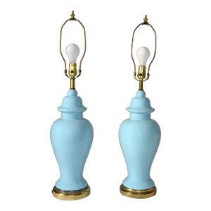 Pair, Ming Style Ginger Jar Glazed Blue Porcelain & Brass Table Lamps 1950s