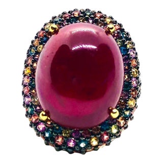 Bochic “Orient” Vintage Ruby & Fancy Multi Color Gems Cocktail Ring 18K Gold & Silver For Sale