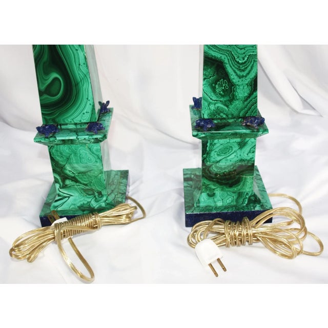 Pair Vintage Malachite Stone Lamps With Lapiz Lazuli Accents For Sale In San Francisco - Image 6 of 12