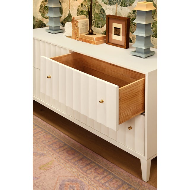 Wood Matthew Izzo Home Angus Matte White Lacquer Four Drawer Chest With Fluted Detail and Brass Hardware For Sale - Image 7 of 8