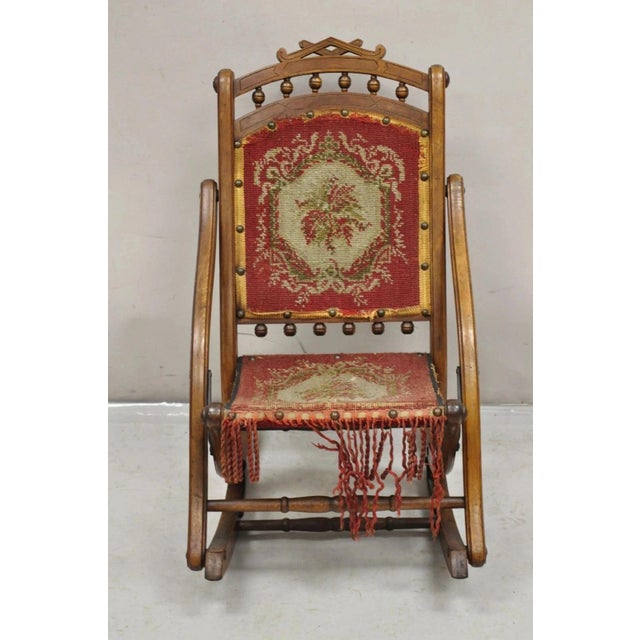 Antique Eastlake Victorian Walnut Small Child's Folding Frame Rocker Rocking Chair with Needlepoint Tapestry Upholstery....