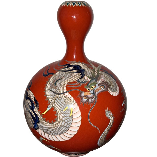 Japanese Cloisonne Enamel Red Gourd Shaped Dragon Vase Meiji For Sale In New York - Image 6 of 10