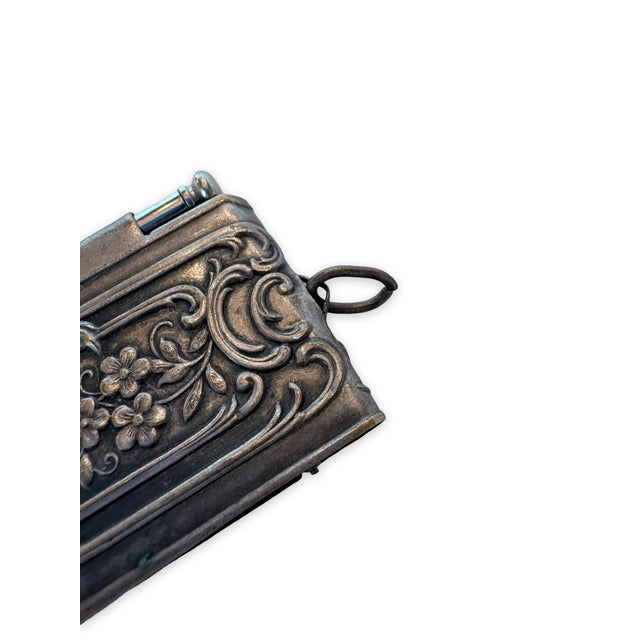 Antique French Silver-Tone Carnet De Notes With Original Pencil, Thistle and Floral Relief For Sale - Image 9 of 11