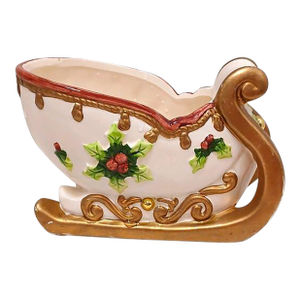 1950s Holly Bells Porcelain Sleigh Christmas Centerpiece Grannycore Cottage Gold Pearl