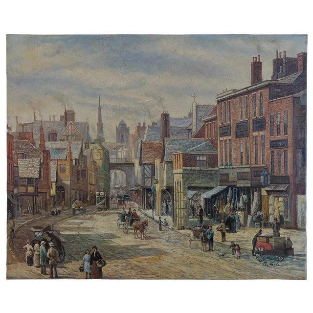 Late 20th Century Signed R. Foster - Victorian Street Market Scene, Oil on Canvas For Sale