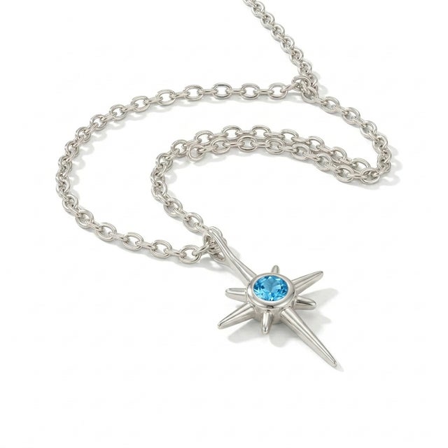 Contemporary Swiss Blue Topaz Star Pendant, Northern Star Celestial Pendant For Sale - Image 3 of 4