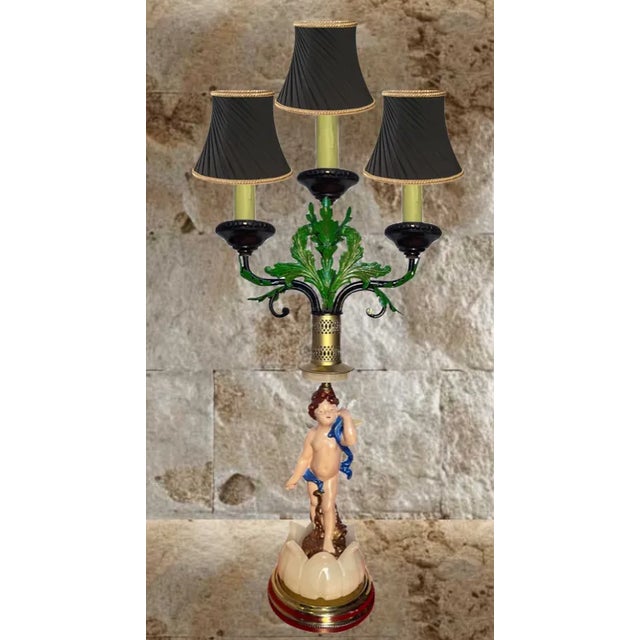 Neoclassical Mid-Century Tole Candelabra Table Lamp: Cherub Alabaster Flower For Sale - Image 3 of 10