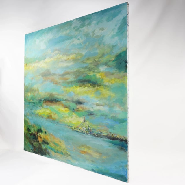 This captivating vintage painting features an abstracted landscape rendered in a luminous blend of turquoise, yellow,...