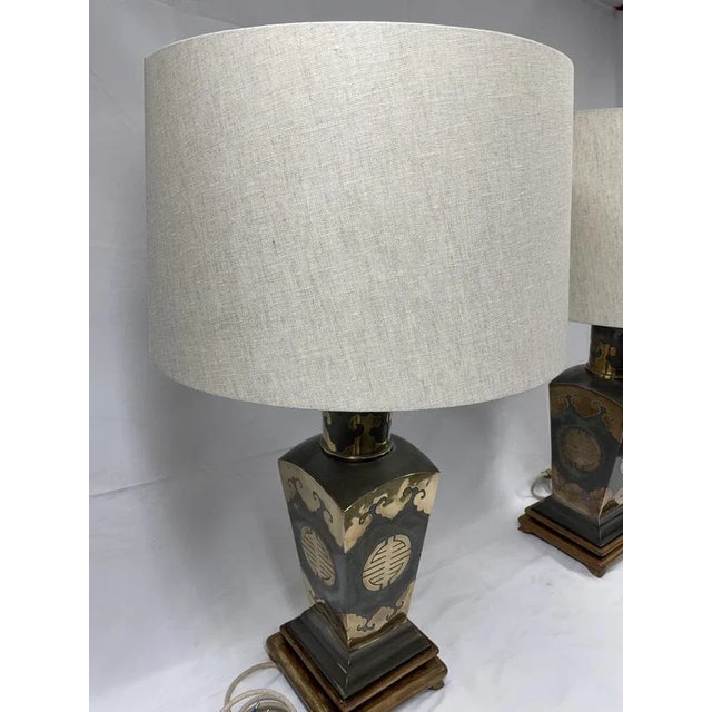 Metal Lamps with Brass Applications on Wooden Bases, 1970s For Sale - Image 6 of 13